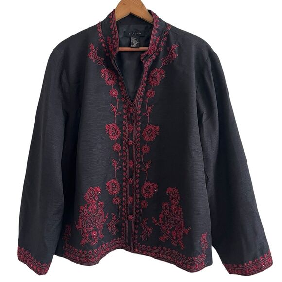 SilkLand 2X Beaded Embroidered Silk Blazer Jacket Black Red Floral Boho Holiday - Picture 1 of 9